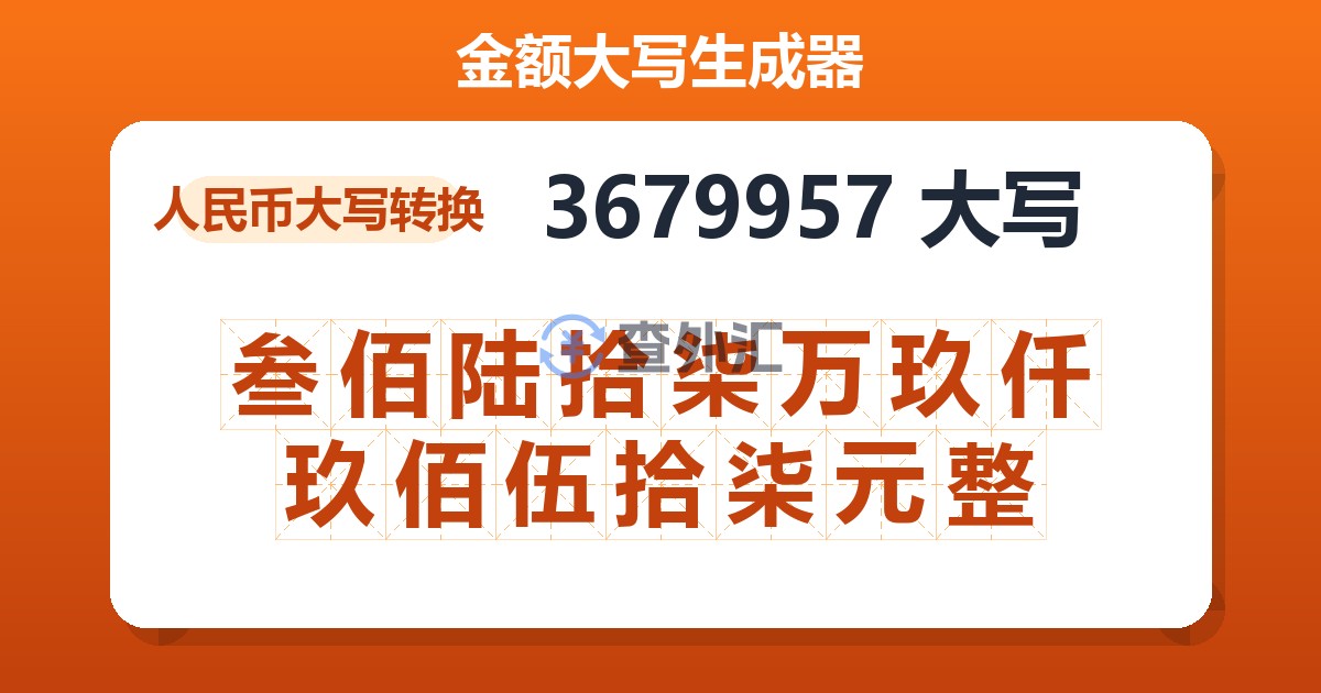 3679957大写 叁佰陆拾柒万玖仟玖佰伍拾柒元整