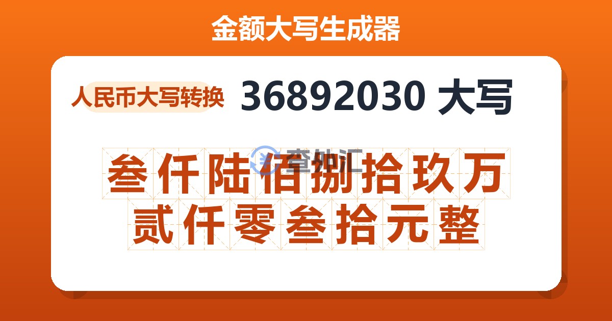 36892030大写 叁仟陆佰捌拾玖万贰仟零叁拾元整
