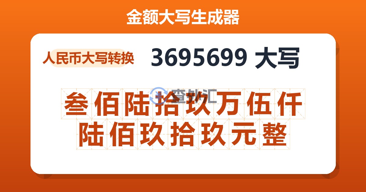 3695699大写 叁佰陆拾玖万伍仟陆佰玖拾玖元整