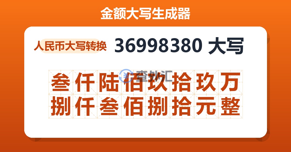 36998380大写 叁仟陆佰玖拾玖万捌仟叁佰捌拾元整