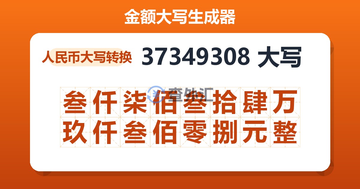37349308大写 叁仟柒佰叁拾肆万玖仟叁佰零捌元整