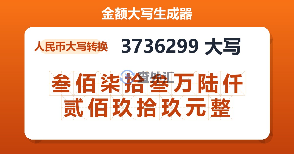 3736299大写 叁佰柒拾叁万陆仟贰佰玖拾玖元整
