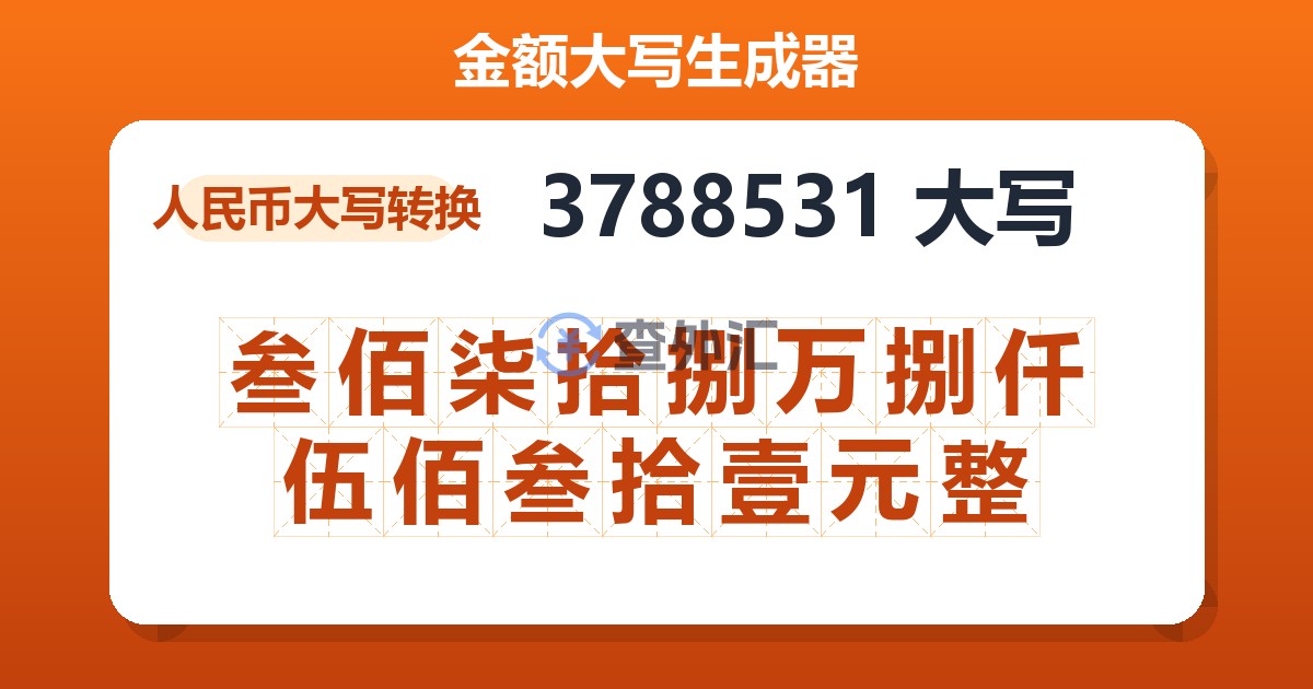 3788531大写 叁佰柒拾捌万捌仟伍佰叁拾壹元整