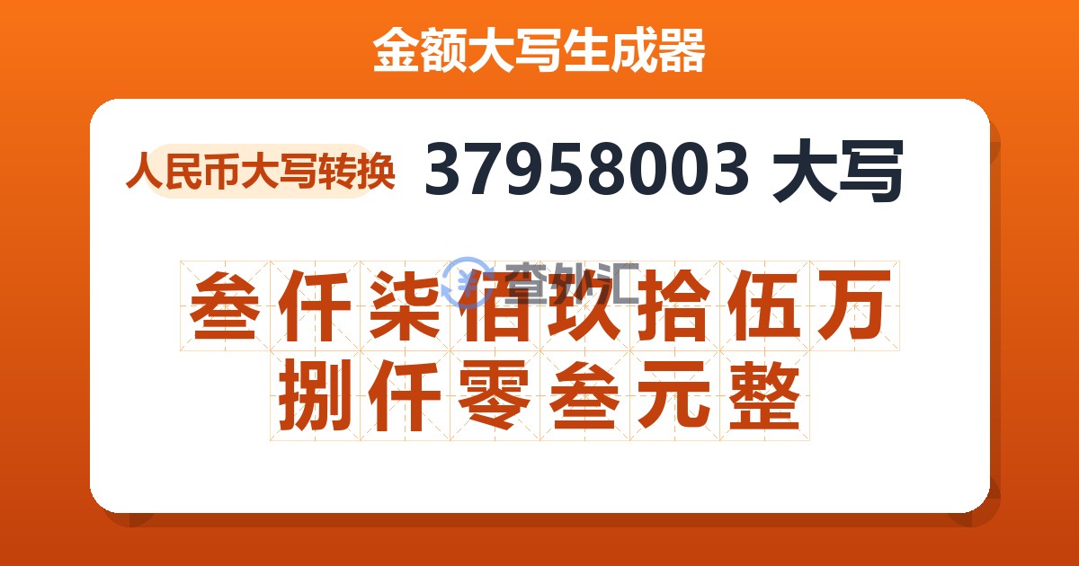 37958003大写 叁仟柒佰玖拾伍万捌仟零叁元整