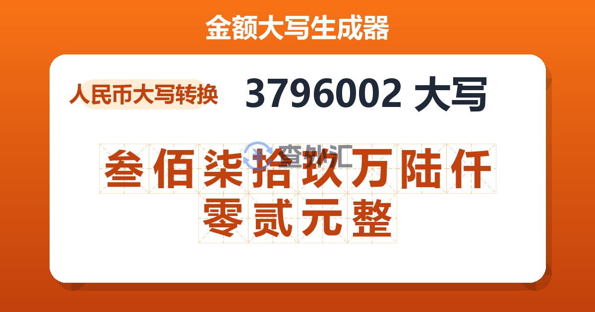 3796002大写 叁佰柒拾玖万陆仟零贰元整