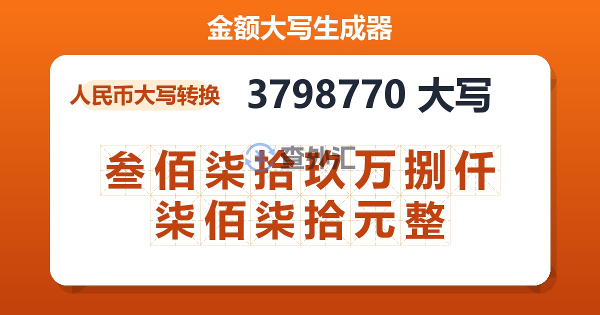 3798770大写 叁佰柒拾玖万捌仟柒佰柒拾元整