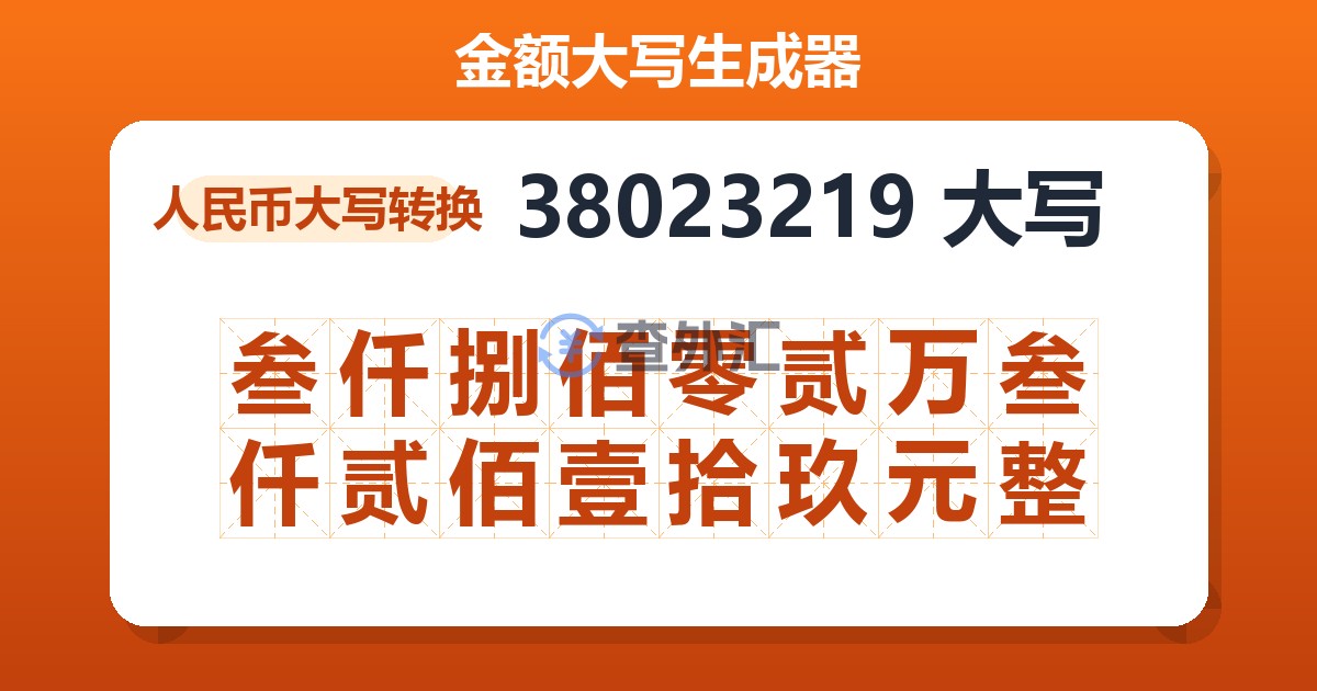 38023219大写 叁仟捌佰零贰万叁仟贰佰壹拾玖元整