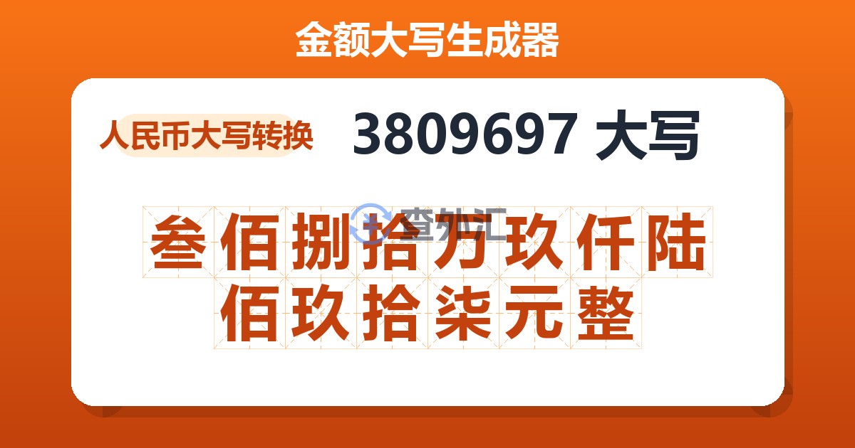 3809697大写 叁佰捌拾万玖仟陆佰玖拾柒元整