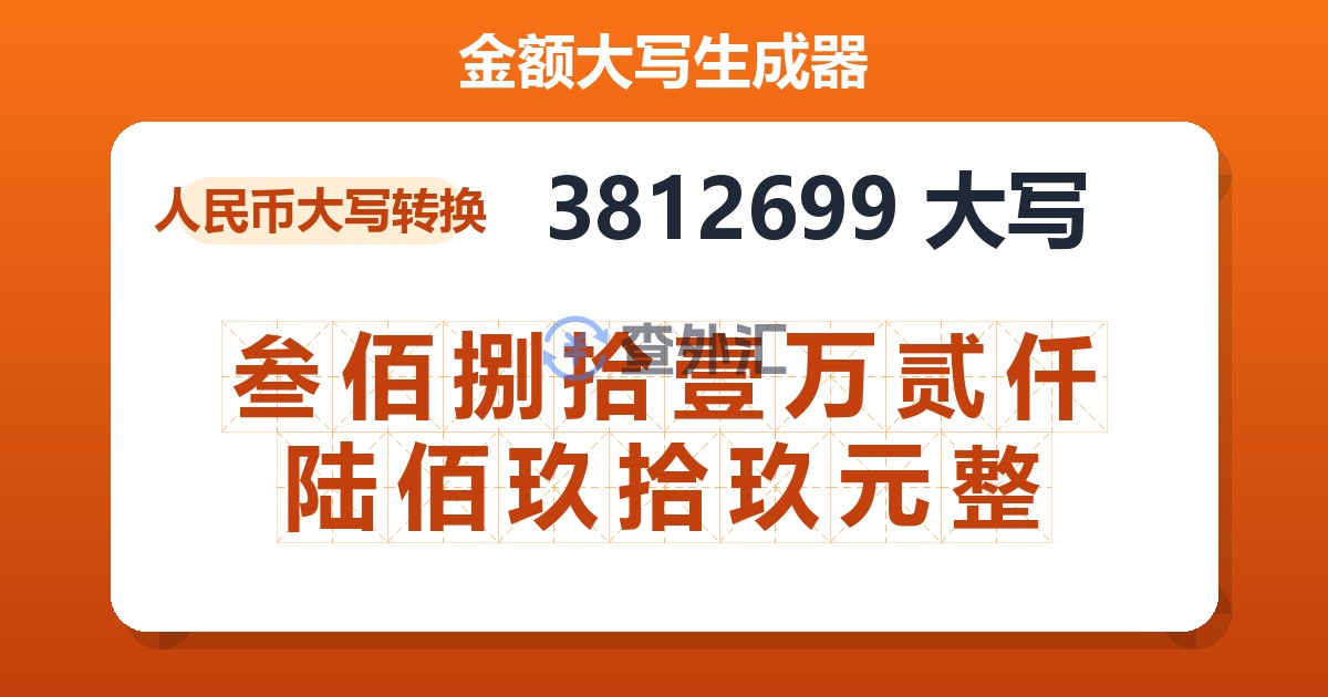 3812699大写 叁佰捌拾壹万贰仟陆佰玖拾玖元整