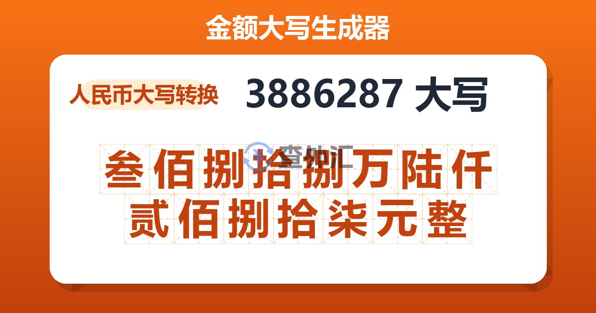 3886287大写 叁佰捌拾捌万陆仟贰佰捌拾柒元整