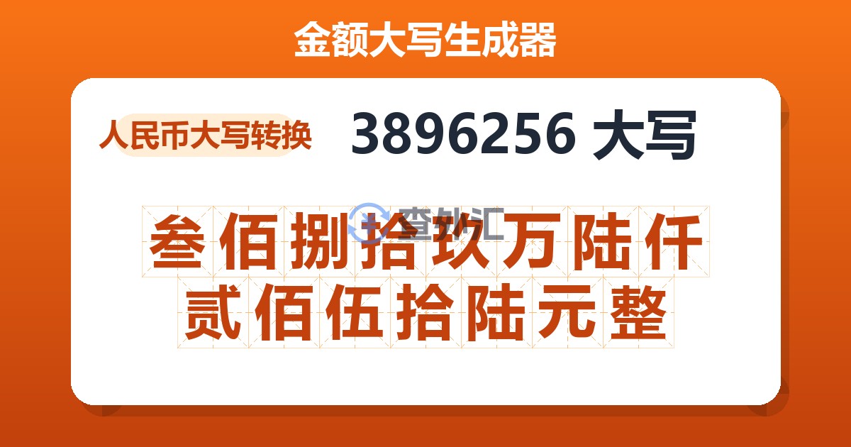 3896256大写 叁佰捌拾玖万陆仟贰佰伍拾陆元整