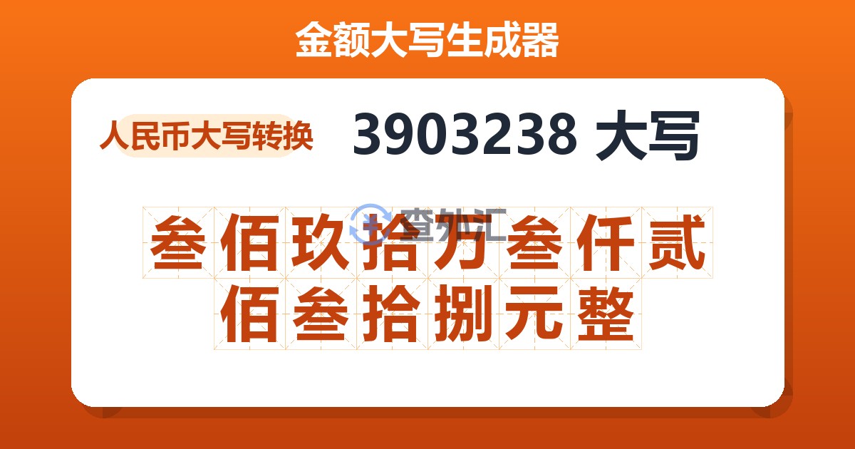 3903238大写 叁佰玖拾万叁仟贰佰叁拾捌元整