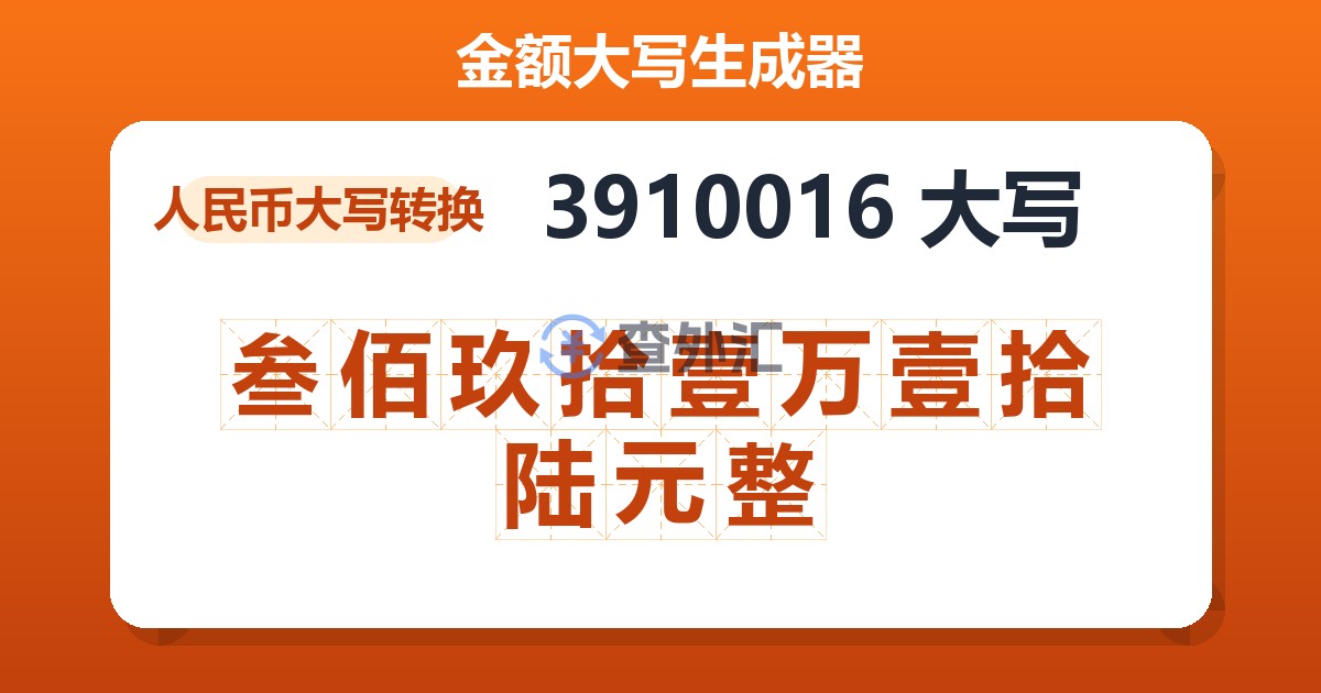 3910016大写 叁佰玖拾壹万壹拾陆元整