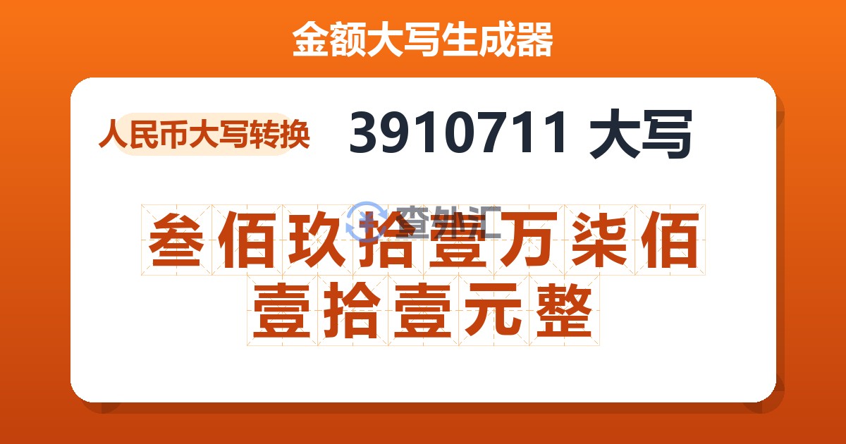 3910711大写 叁佰玖拾壹万柒佰壹拾壹元整