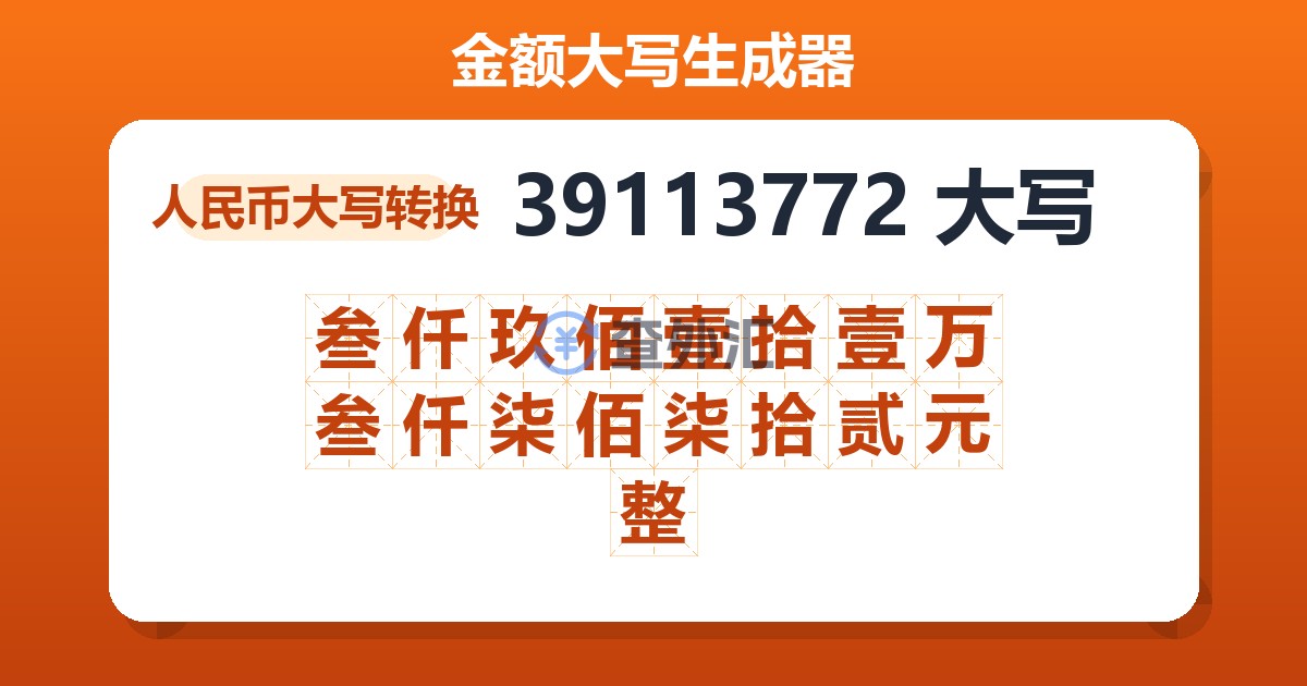 39113772大写 叁仟玖佰壹拾壹万叁仟柒佰柒拾贰元整