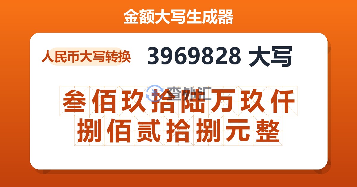 3969828大写 叁佰玖拾陆万玖仟捌佰贰拾捌元整