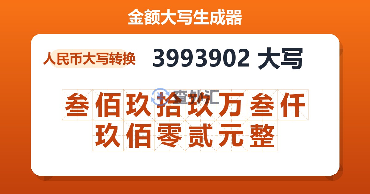 3993902大写 叁佰玖拾玖万叁仟玖佰零贰元整