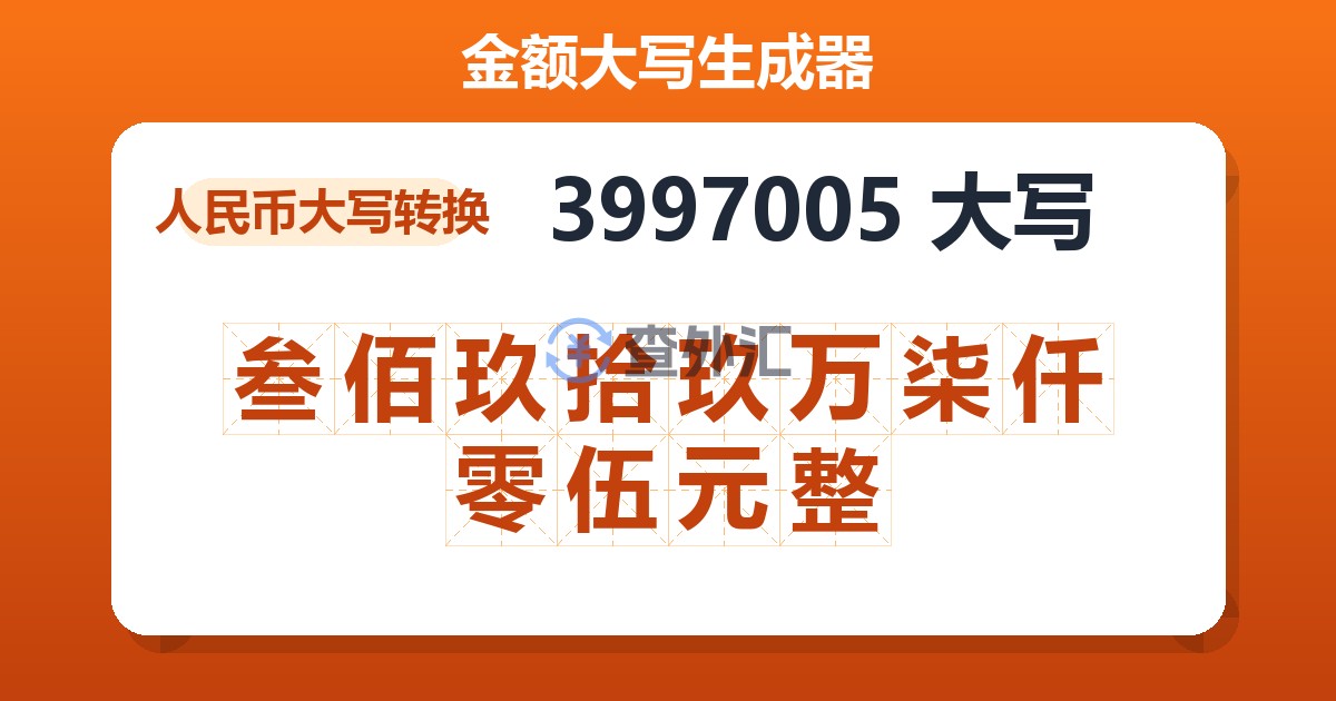 3997005大写 叁佰玖拾玖万柒仟零伍元整