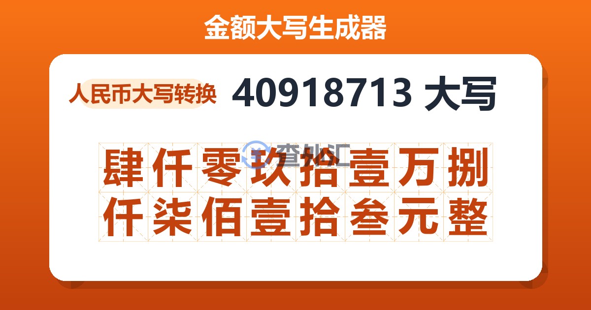 40918713大写 肆仟零玖拾壹万捌仟柒佰壹拾叁元整