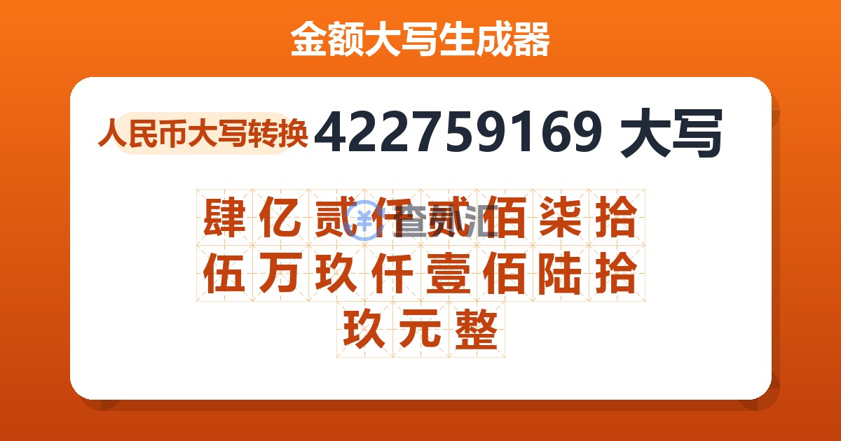 422759169大写 肆亿贰仟贰佰柒拾伍万玖仟壹佰陆拾玖元整