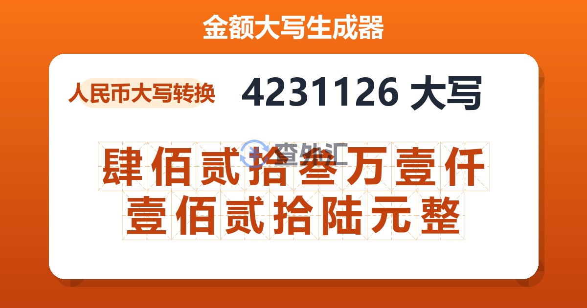 4231126大写 肆佰贰拾叁万壹仟壹佰贰拾陆元整