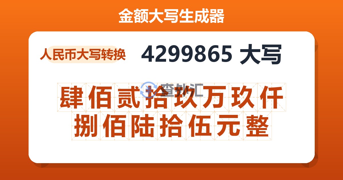 4299865大写 肆佰贰拾玖万玖仟捌佰陆拾伍元整