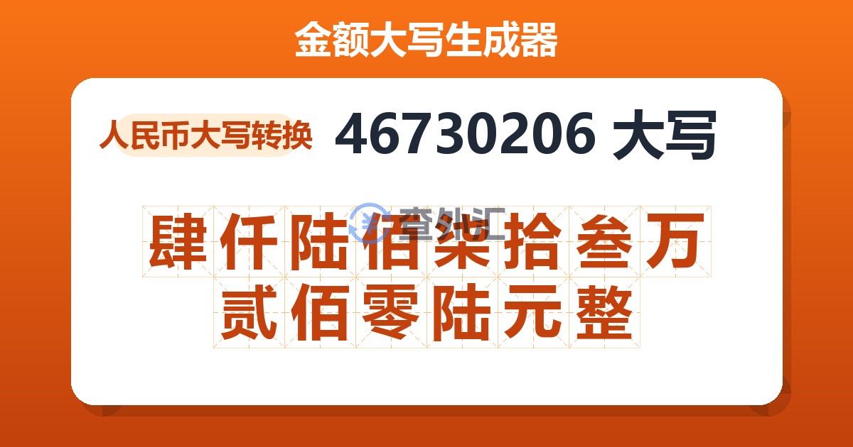 46730206大写 肆仟陆佰柒拾叁万贰佰零陆元整