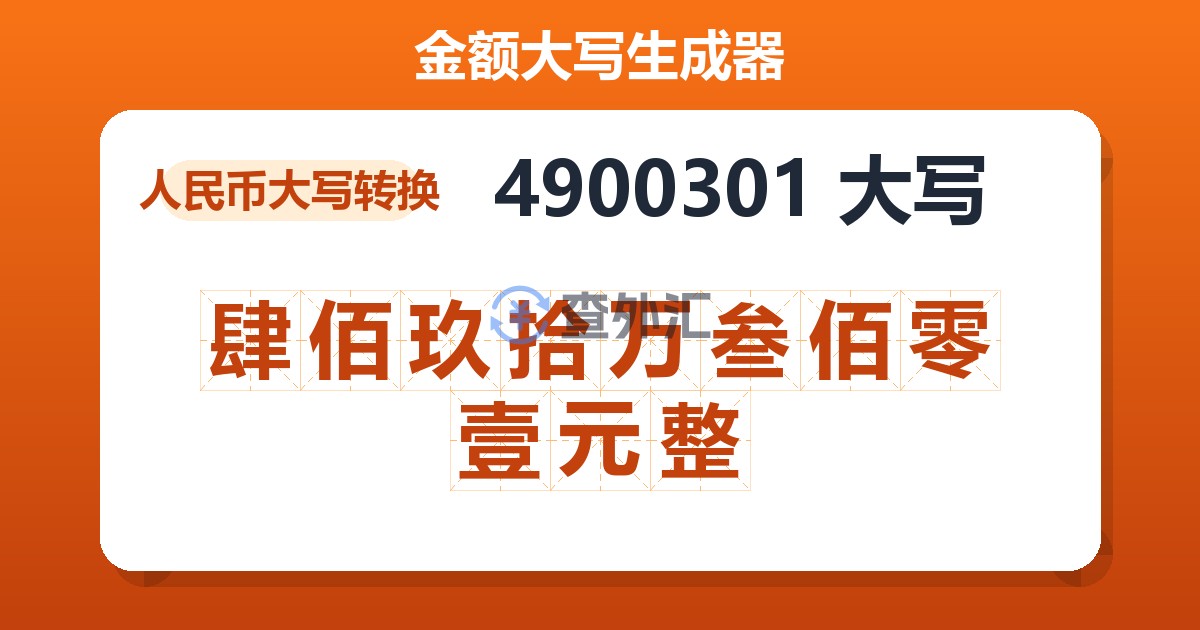 4900301大写 肆佰玖拾万叁佰零壹元整