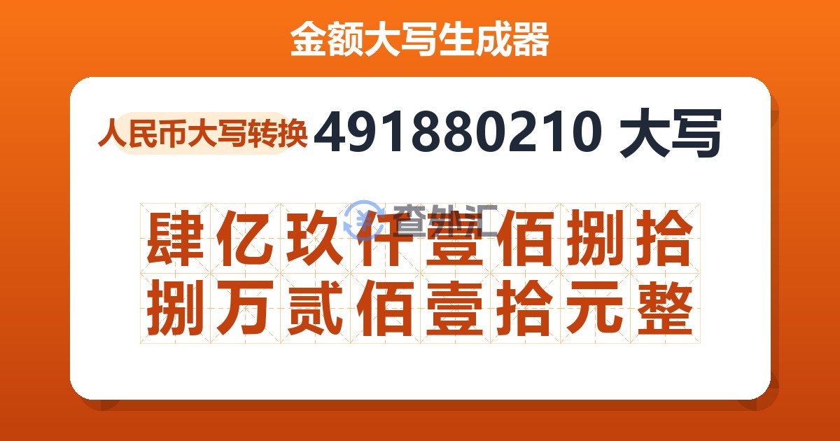 491880210大写 肆亿玖仟壹佰捌拾捌万贰佰壹拾元整