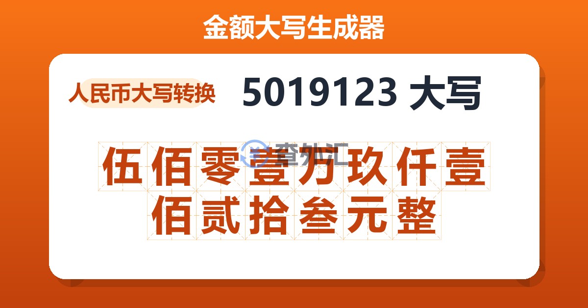 5019123大写 伍佰零壹万玖仟壹佰贰拾叁元整