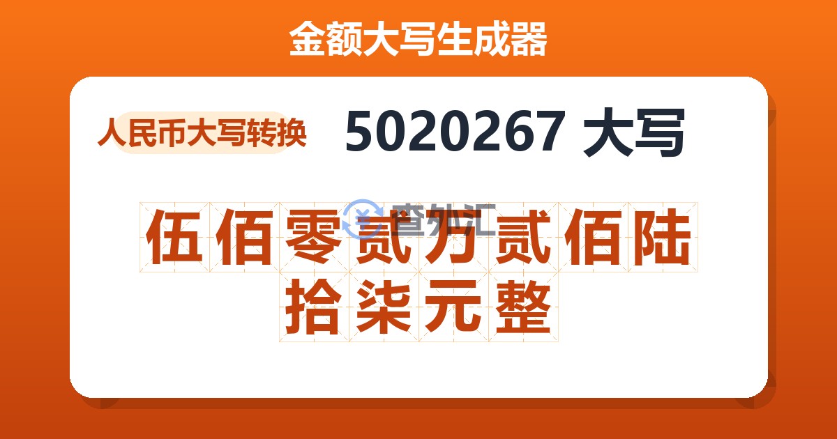 5020267大写 伍佰零贰万贰佰陆拾柒元整