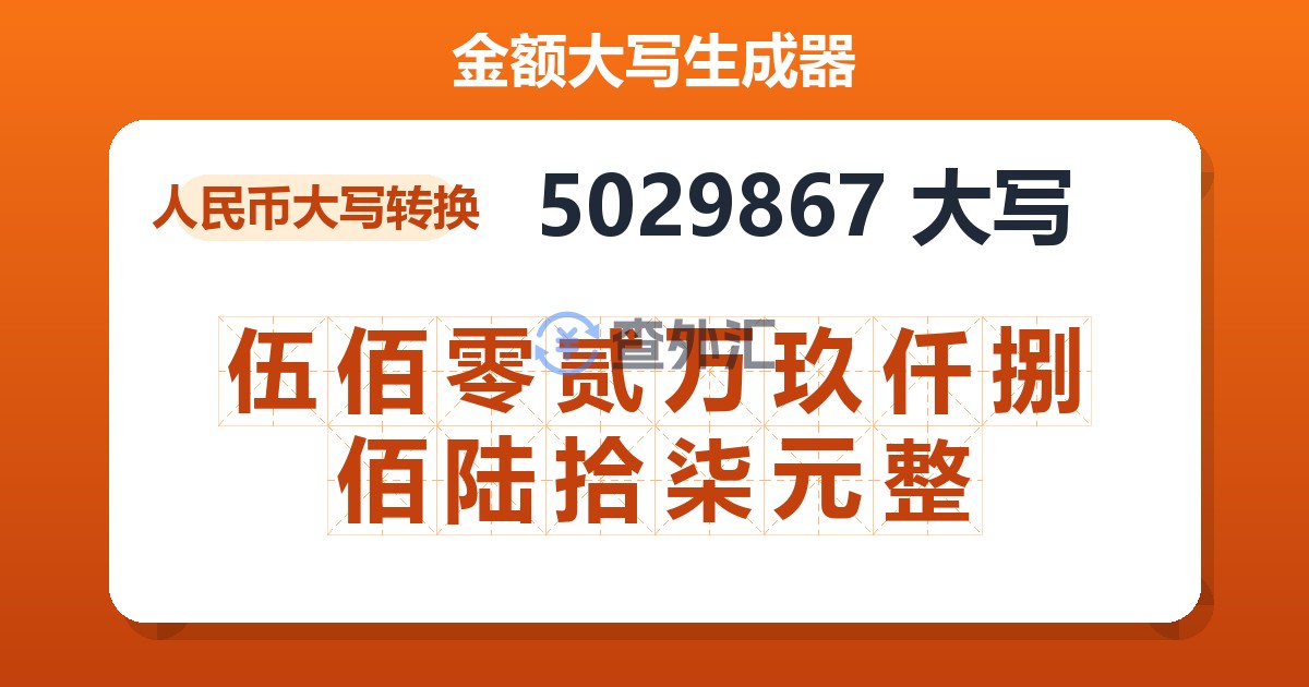 5029867大写 伍佰零贰万玖仟捌佰陆拾柒元整