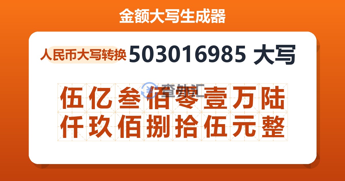 503016985大写 伍亿叁佰零壹万陆仟玖佰捌拾伍元整
