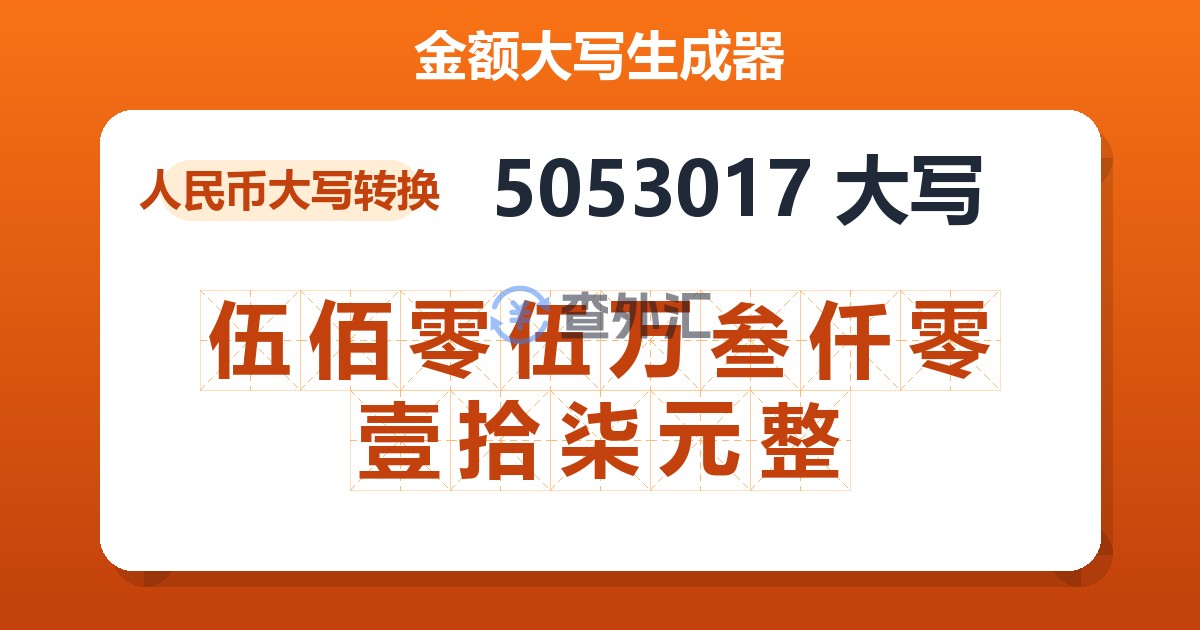 5053017大写 伍佰零伍万叁仟零壹拾柒元整
