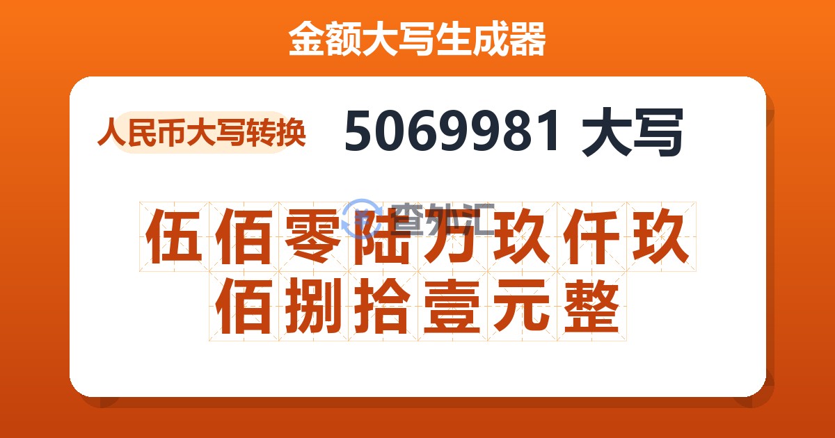 5069981大写 伍佰零陆万玖仟玖佰捌拾壹元整