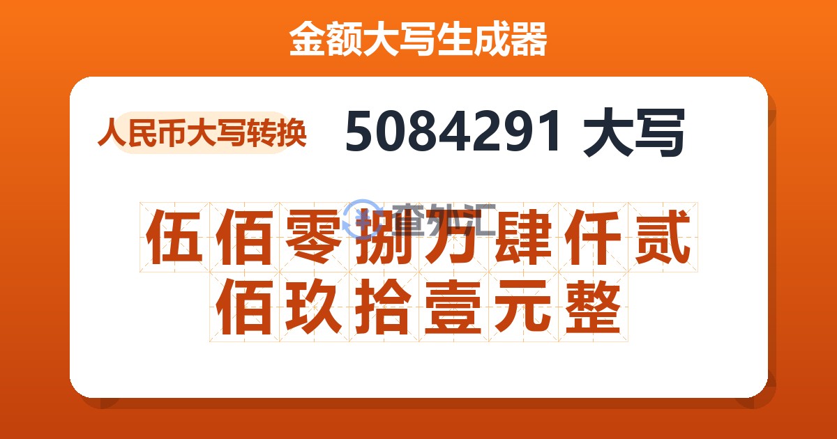 5084291大写 伍佰零捌万肆仟贰佰玖拾壹元整