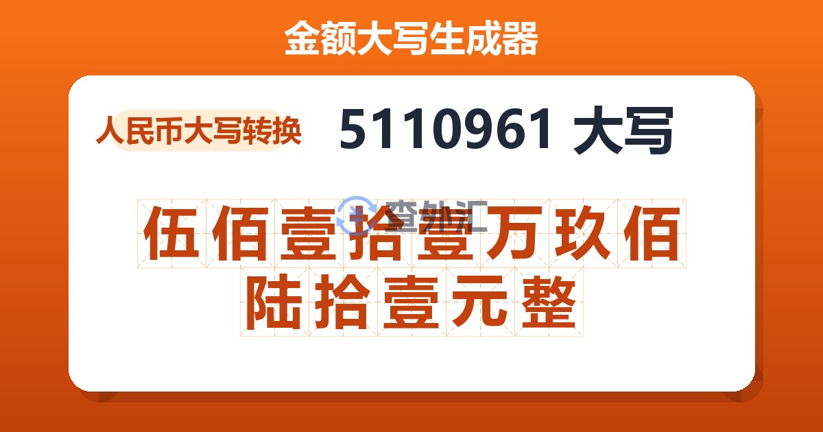 5110961大写 伍佰壹拾壹万玖佰陆拾壹元整