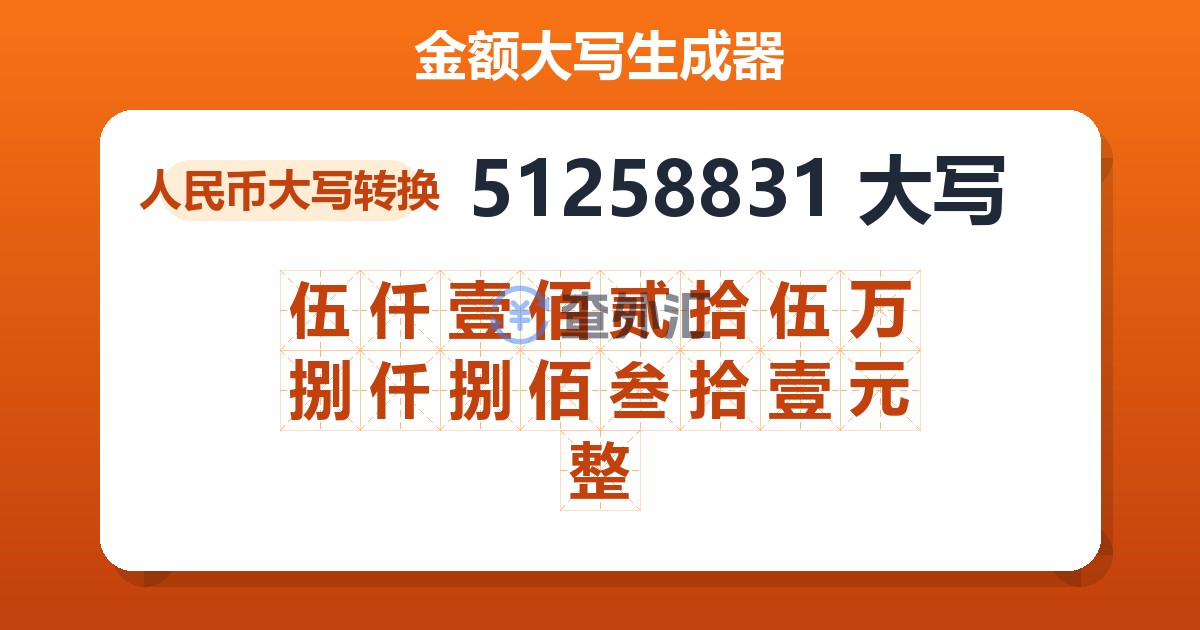 51258831大写 伍仟壹佰贰拾伍万捌仟捌佰叁拾壹元整