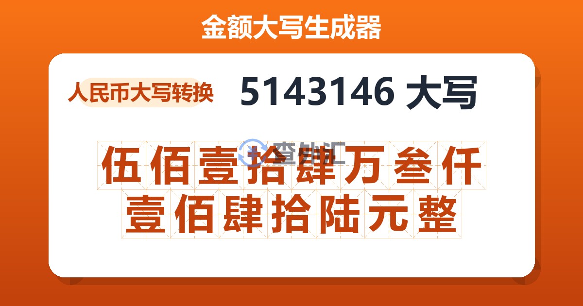 5143146大写 伍佰壹拾肆万叁仟壹佰肆拾陆元整