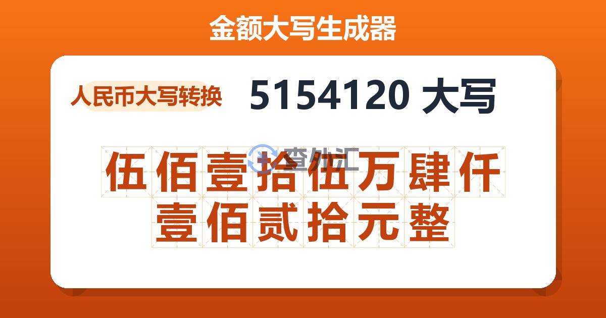 5154120大写 伍佰壹拾伍万肆仟壹佰贰拾元整