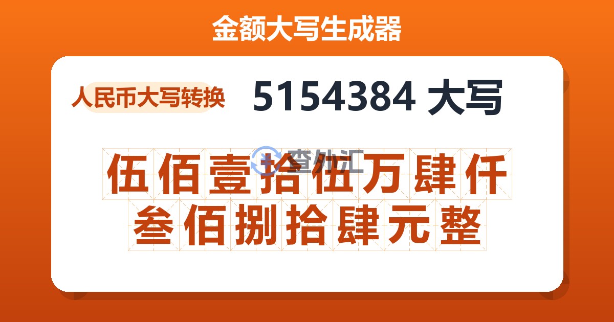 5154384大写 伍佰壹拾伍万肆仟叁佰捌拾肆元整