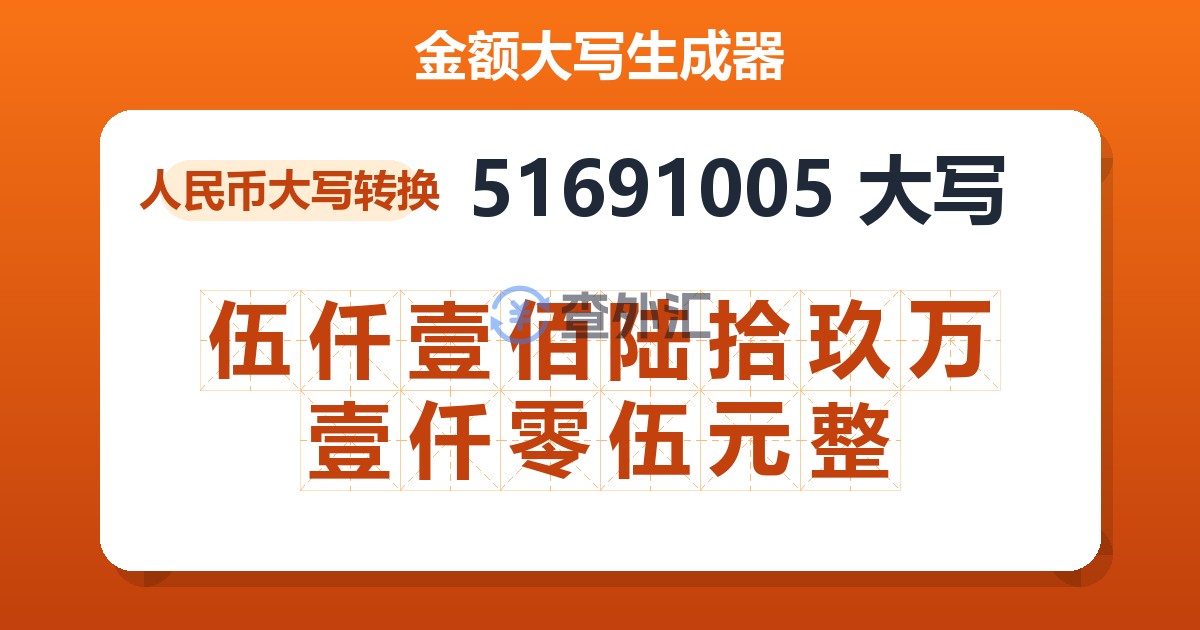 51691005大写 伍仟壹佰陆拾玖万壹仟零伍元整