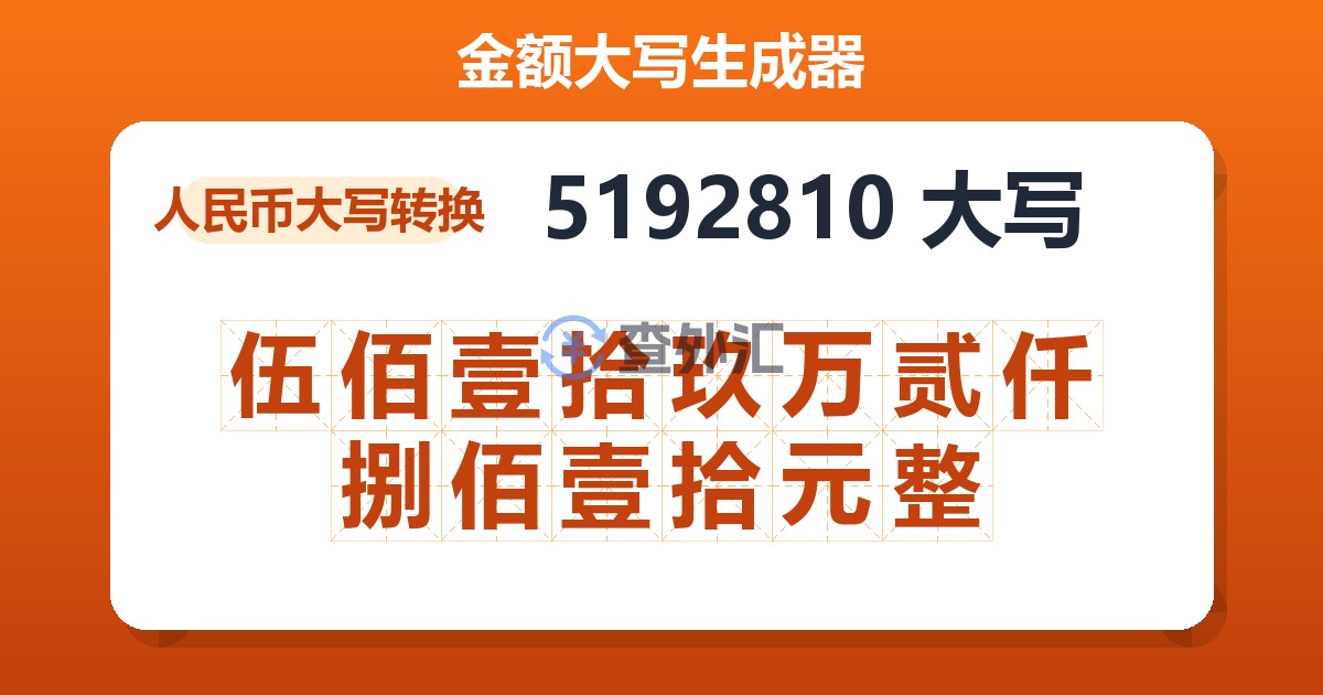 5192810大写 伍佰壹拾玖万贰仟捌佰壹拾元整