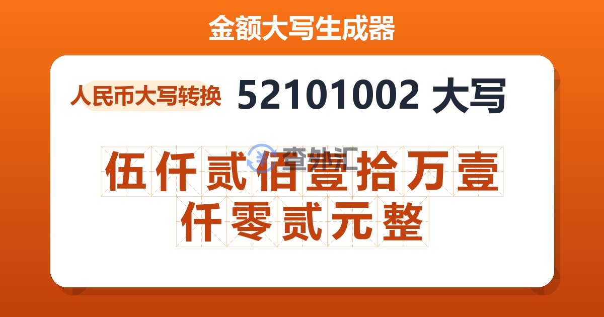 52101002大写 伍仟贰佰壹拾万壹仟零贰元整