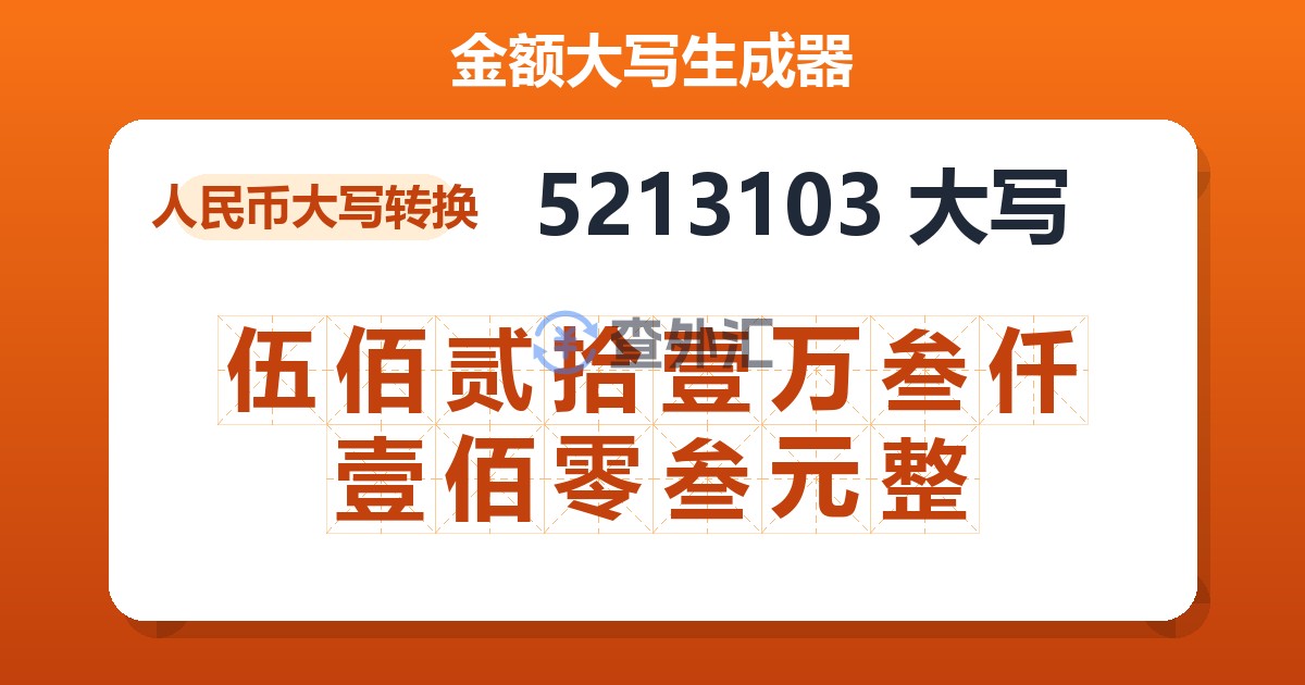 5213103大写 伍佰贰拾壹万叁仟壹佰零叁元整