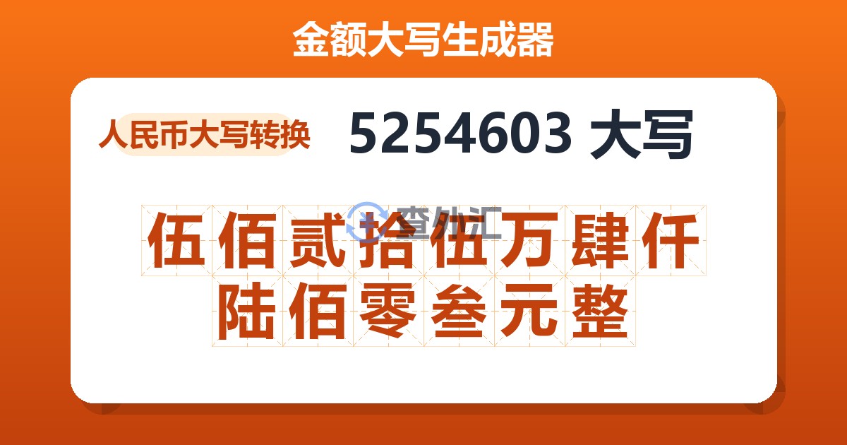 5254603大写 伍佰贰拾伍万肆仟陆佰零叁元整