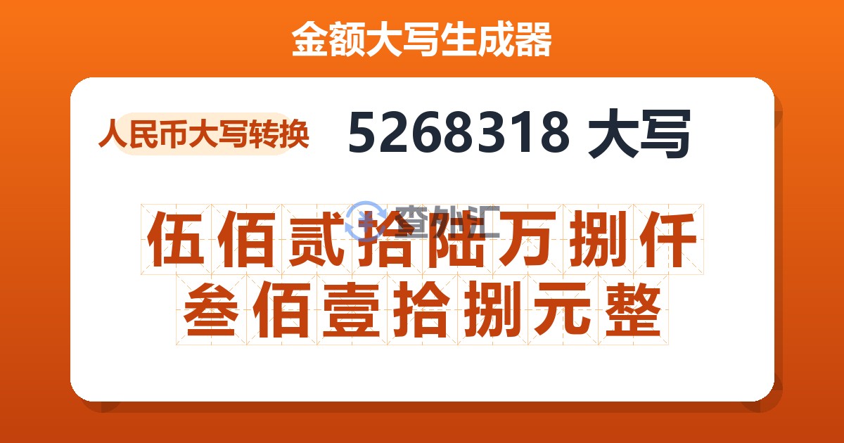 5268318大写 伍佰贰拾陆万捌仟叁佰壹拾捌元整