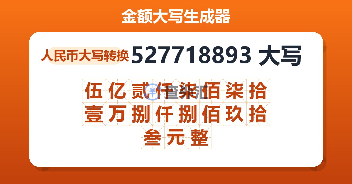 527718893大写 伍亿贰仟柒佰柒拾壹万捌仟捌佰玖拾叁元整