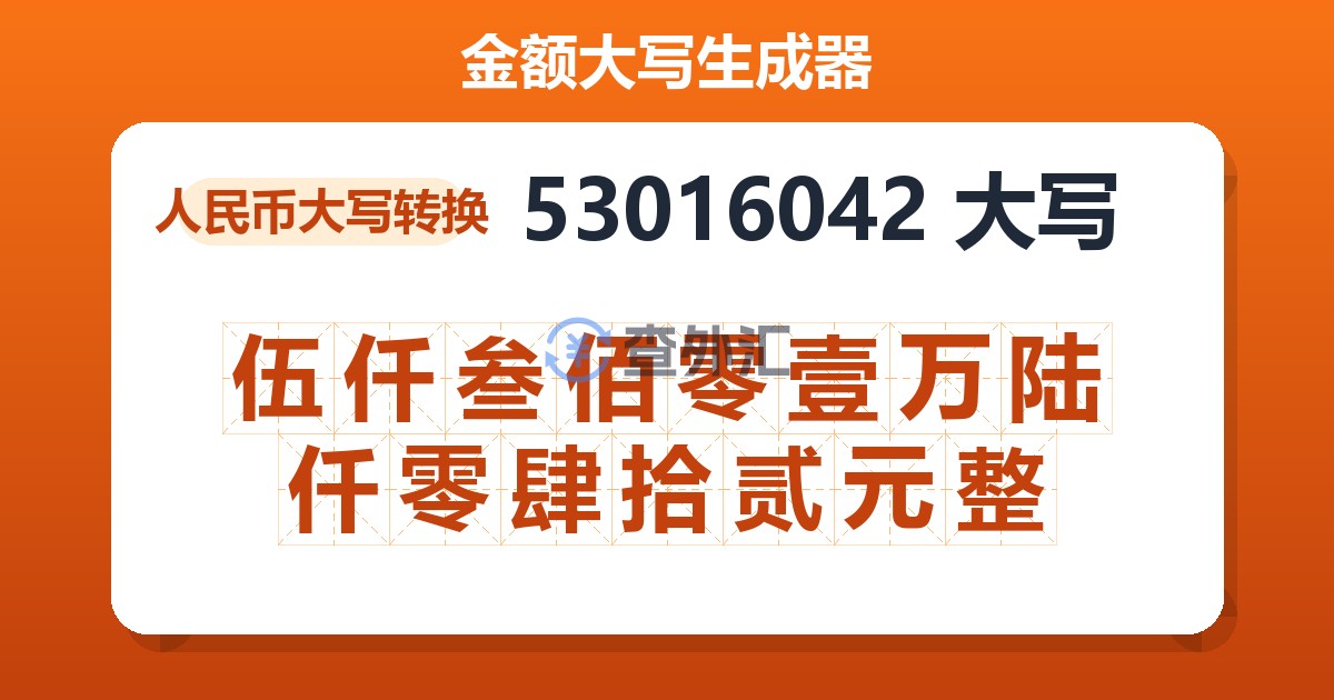 53016042大写 伍仟叁佰零壹万陆仟零肆拾贰元整