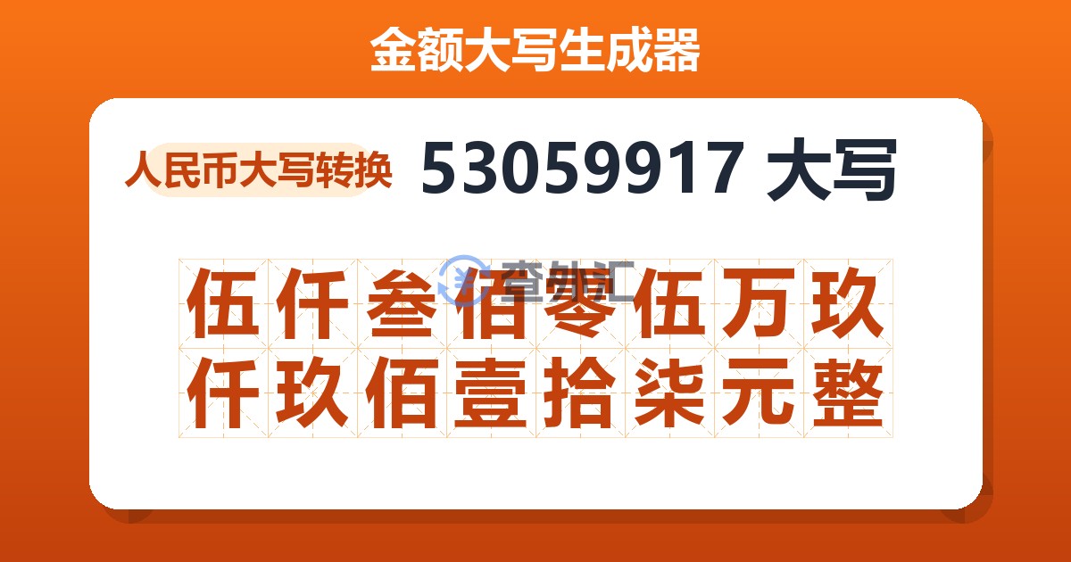 53059917大写 伍仟叁佰零伍万玖仟玖佰壹拾柒元整